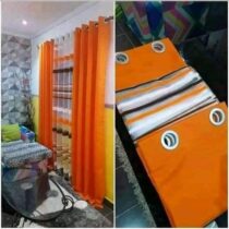 Rideaux décoratifs à motifs Bandes Multicolores - Ensemble 2Tissus Lourds + 1 Voilage - Orange/Blanc