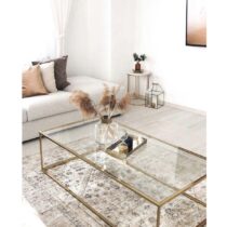 Table Basse en Verre incassable avec rangement en Métal Doré
