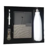 Coffret avec Bloc note, Gourde thermos, Stylo et Porte clé - Blanche